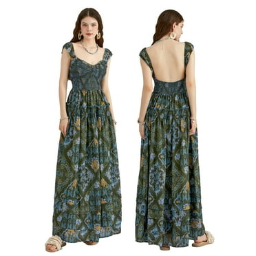 Baby Sweetie Women's Summer Long Dress Vintage Fashion Print Smocked Waist A-Line Layered Party Club Dresses