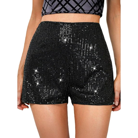 Baby Sweetie Women's Summer Sequins Shorts High Elastic Waist Sparkly Straight Leg Shorts Glitter Hot Party Shorts