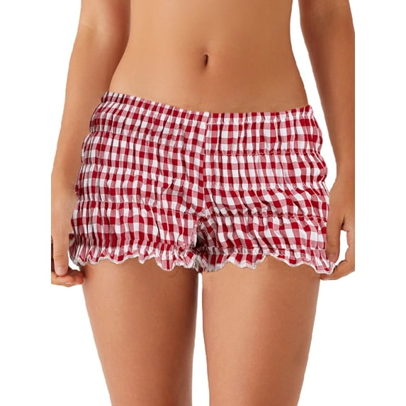 Baby Sweetie Womens Low Waist Shorts Elastic Waist Plaid Tiered Smocked Mini Lounge Shorts