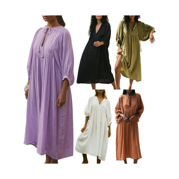 Baby Sweetie Womens Summer Loose Cotton Dresses Solid 3/4 Sleeves Casual Tie Front Swing Long Dress