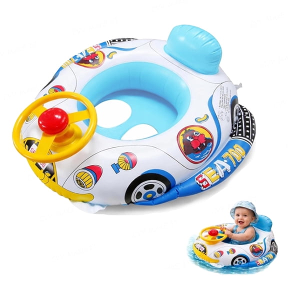 Baby Swimming Float Seat, Inflatable Baby Pool Float Car Style Baby Swimming Ring with Steering Wheel Backrest, 1-4 Years Old Toddler Pool Float for Beach Pool Bathtub Use 1PC, Blue