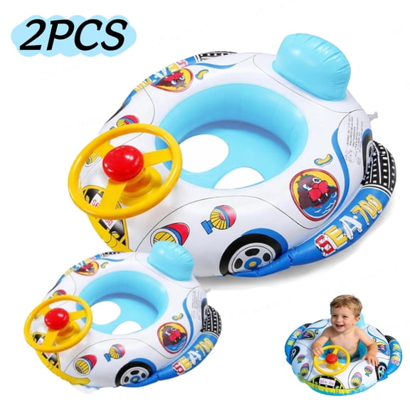 Baby Swimming Float Seat, Inflatable Baby Pool Float Car Style Baby Swimming Ring with Steering Wheel Backrest, 1-4 Years Old Toddler Pool Float for Beach Pool Bathtub Use 2PCS, Blue
