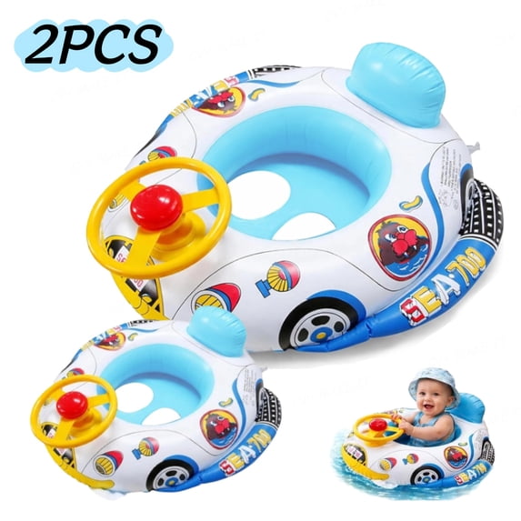 Baby Swimming Float Seat, Inflatable Baby Pool Float Car Style Baby Swimming Ring with Steering Wheel Backrest, 1-4 Years Old Toddler Pool Float for Beach Pool Bathtub Use 2PCS, Blue