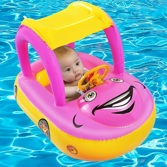 Inflatable Car Shape Pool Float with UPF50+ Removable Canopy - Family Swim Ring with Steering Wheel & Horn