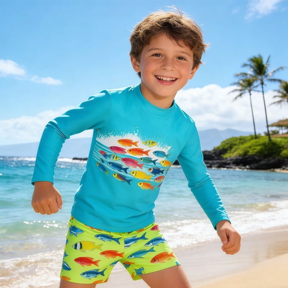 Baby Swimsuit Boy Children Long Sleeve Ocean Pattern Rash Guard and ...