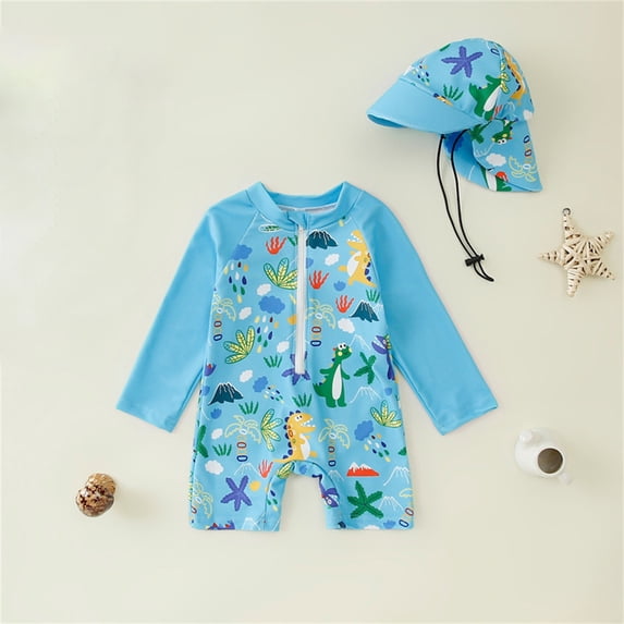 Baby Swimsuit Boy Boys Print Zip Long Sleeve One Piece with Hat Girls Bathing Suit Sky Blue 2-3 Years