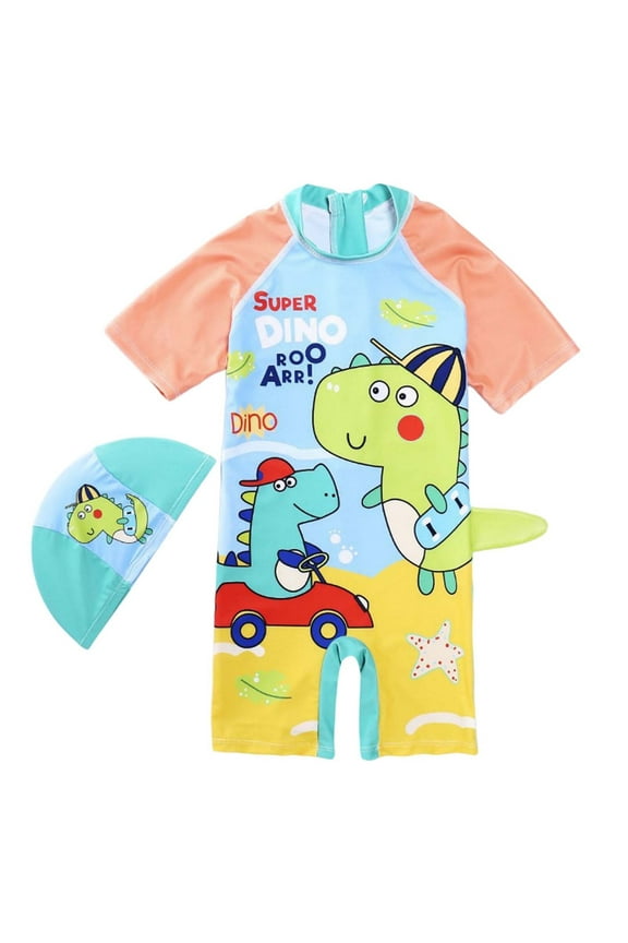 Baby Swimsuit Boy Kids Baby Boys Short Sleeve Cartoon Prints Swimsuit Quick Dry Cute Student Swimwear with Hat Baby Swimsuit Yellow 4 Years-5 Years