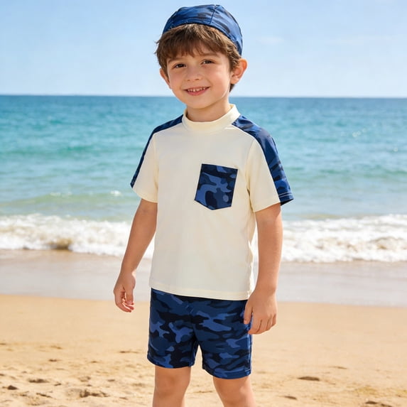 Baby Swimsuit Boy Kids Boys Camo Print Short Sleeve Two Piece with Cap Baby Boy Bathing Suit CE2 18-24 Months