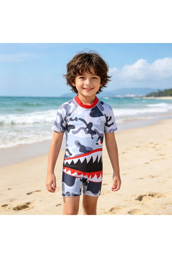 Baby Swimsuit Boy Kids Shark Print Long Sleeve One Piece Swimsuit Chlorine Resistant Baby Sun Guard Boys Bathing Suit
