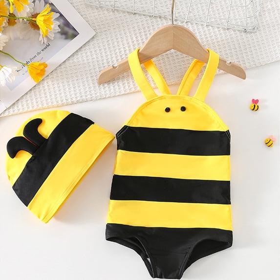 Baby Swimsuit Boy Kids Unisex Bee Themed One Piece Rash Guard with Hat Bathing Suits for Girls Yellow 6-12 Months
