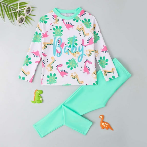 Baby Swimsuit Boy Toddler Boys Dinosaur Print Long Sleeve Two Piece Bathing Suits for Girls Green 3-4 Years