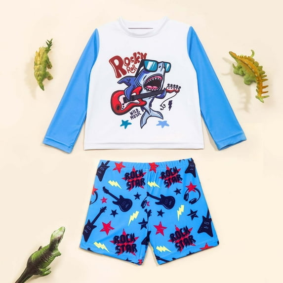 Baby Swimsuit Boy Toddler Boys Long Sleeve Dinosaur Shark Two Piece Swimsuits Boys Bathing Suit White 6-7 Years