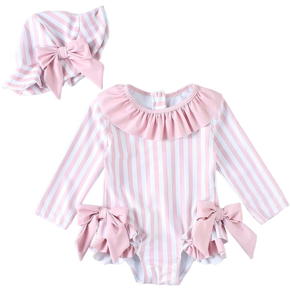 Baby Swimsuit Girl 0-3 Months Baby Girls Long Sleeve One Piece Rash Guard Swimsuit with Zipper and Hat, UPF 50+ Sun Protection