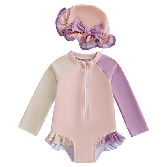 Baby Swimsuit Girl 6-9 Months Infant Baby Girl Swimsuit Long Sleeve Rash Guard One Piece Swimwear with Hat Ruffle Bathing Suit with Zipper