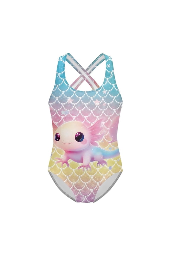 Baby Swimsuit Girl Cartoon Print Scoop Neck Sleeveless Back Crisscross Training Gymnastics Leotard for Beach Girls Bathing Suits Sky Blue 7 Years-8 Years
