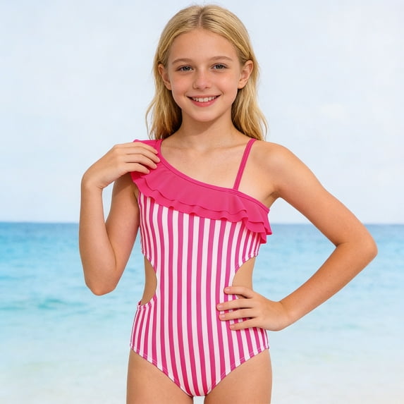 Baby Swimsuit Girl Girl's One Shoulder Striped One Piece Swimsuits with Hollow Out Waist Girls Bathing Suit Hot Pink 5-6 Years