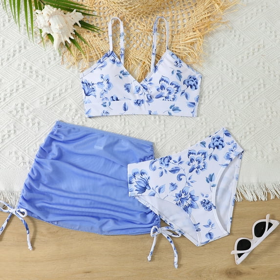 Baby Swimsuit Girl Girl's Skirted Padded Top Three Piece Bikini Set Bathing Suits for Girls Blue 7-8 Years