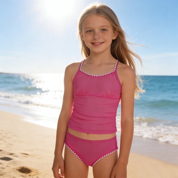 Baby Swimsuit Girl Girl's Solid Color Contrast Trim Two Piece Padded Swimsuits Toddler Bathing Suit Girl Hot Pink 13-14 Years