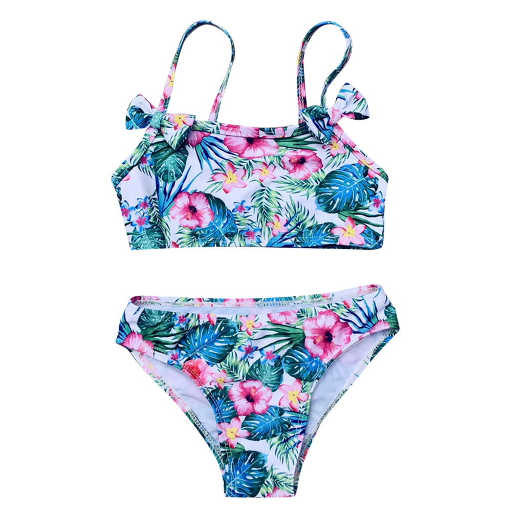 Baby Swimsuit Girl Kids Bow Floral Strap Beach Swimwear Bikini Set