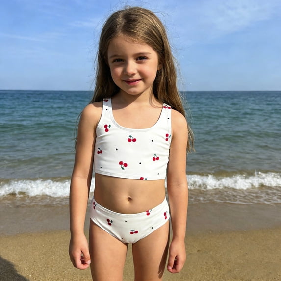 Baby Swimsuit Girl Kids Girl's Floral Print Two Piece Tankini with Strappy Design Baby Bathing Suit Girl White 5-6 Years
