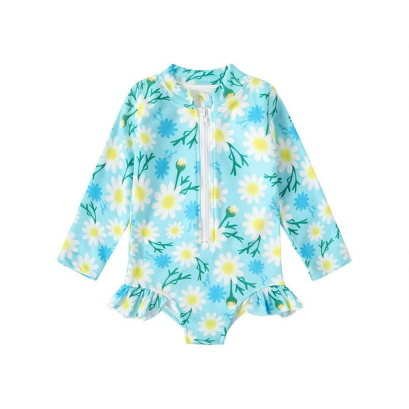 Baby Swimsuit Girl Long Sleeve Colorful Floral with Full Zip Rash Guard Girls' Swimwear Green 4-5 Years