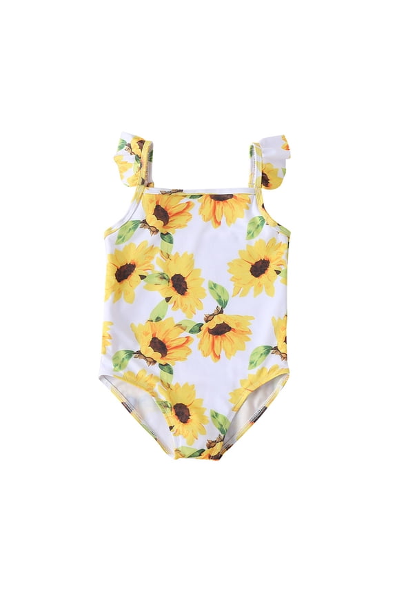 Baby Swimsuit Girl Summer Sleeveless Sunflower Flower Print Yellow Swimwear Swimsuit Bikini Girls Bathing Suit,Size 3 Years-4 Years