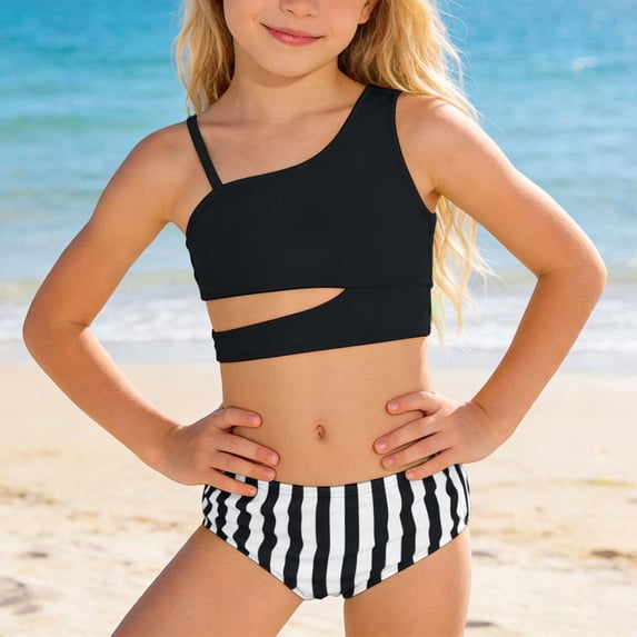 Baby Swimsuit Girl Girl's High Waist Ruffle Tankini Two Piece Swimsuits Set Girls Bathing Suits Black 9-10 Years
