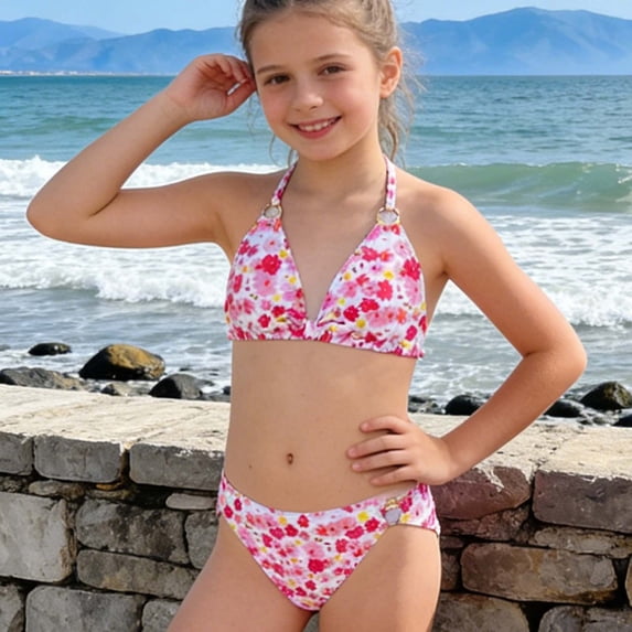 Baby Swimsuit Girl's Floral Print Neck Tie Triangle Two Piece Bikini Set Girls' Swimwear Pink 9-10 Years