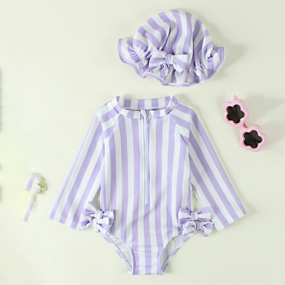 Baby Swimsuit Girl's Hooded Zip Striped Bow One Piece Swimsuits Girls' Swimwear Purple 18-24 Months