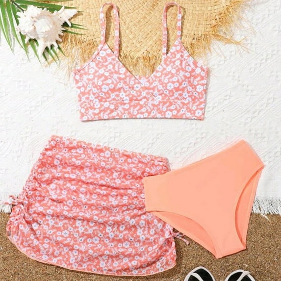 Baby Swimsuit Girl's Leaf Flower Casual Printed Two Piece Bikini Set with Skirt Baby Girl Bathing Suit Orange 7-8 Years