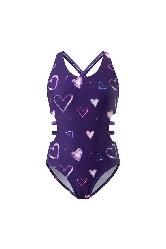 Girls One Piece Swimsuits Girls Bathing Suits Size 10-12 Cute Heart Pattern Dark Purple