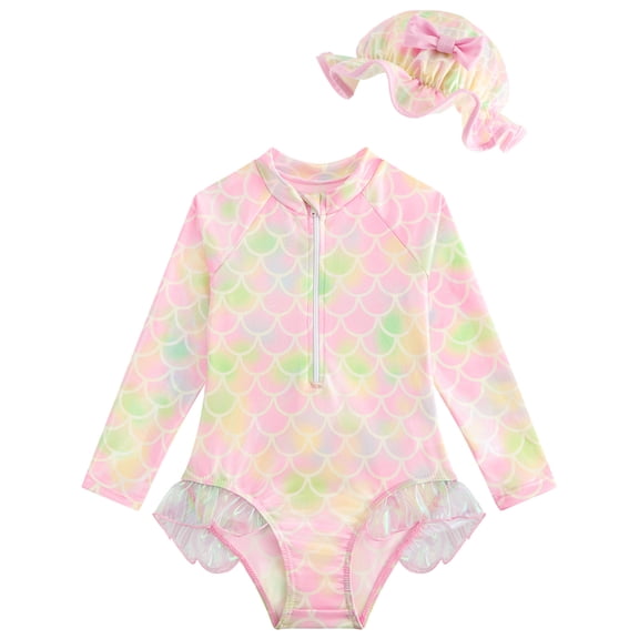 Girls One Piece Swimsuits Long Sleeve Mermaid Swimsuit for Girls Cute Bathing Suits Girls Bathing Suits Size 7-8 Pink