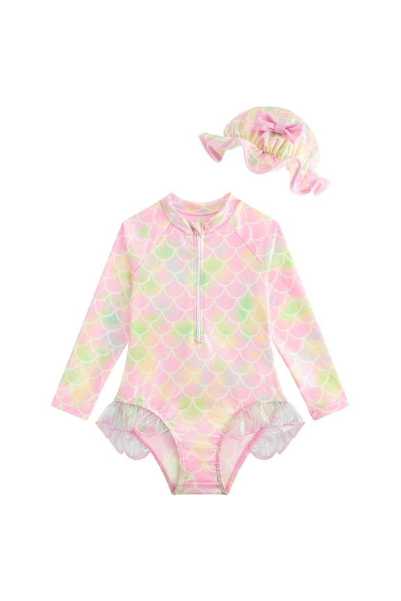 Girls One Piece Swimsuits Long Sleeve Mermaid Swimsuit for Girls Cute Bathing Suits Girls Bathing Suits Size 7-8 Pink