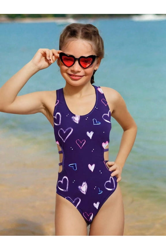 Girls One Piece Swimsuits Girls Bathing Suits Size 10-12 Cute Heart Pattern Dark Purple