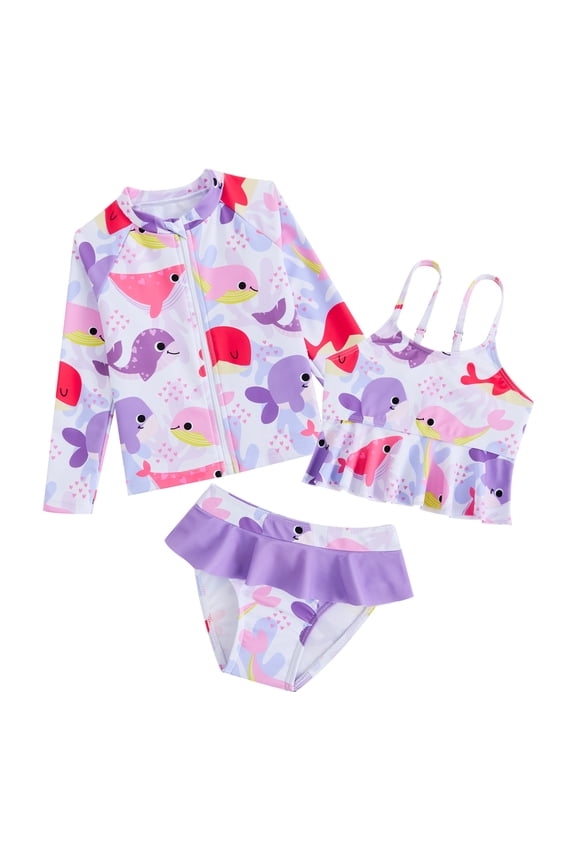 Bathing Suits for Girls with Long Sleeve Rash Guard 3PC Girls Ruffled Swimsuit Size 8 Cute Pettern