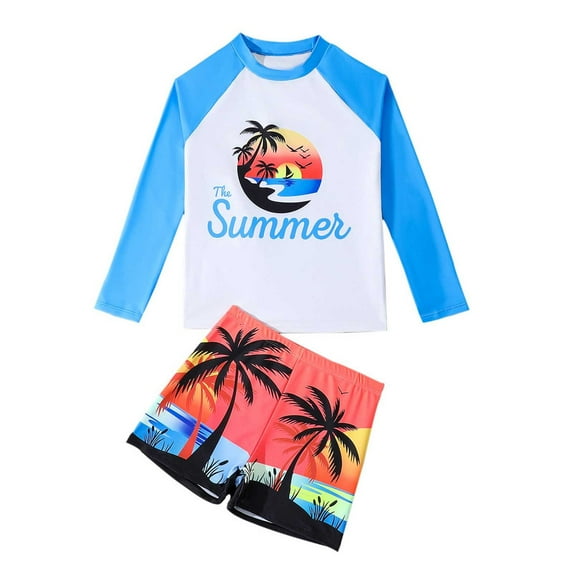 Baby Swimsuit Kids Teen Hawaiian Style Coconut Tree Print 2 Piece Swimsuit Long Sleeve Quick Dry Breathable Top and Shorts Upf 50+ Baby Swimsuit Blue 9 Years-10 Years