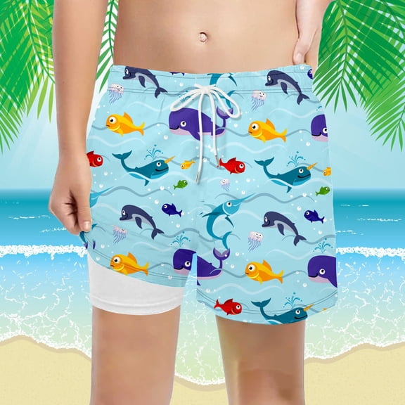 Baby Swimsuit Kids Toddler Boys Summer Whale Print Lightweight Breathable Beach Shorts Elastic Waist Swim Trunks with Mesh Lining Boys Swim Trunks Sky Blue 5 Years-6 Years