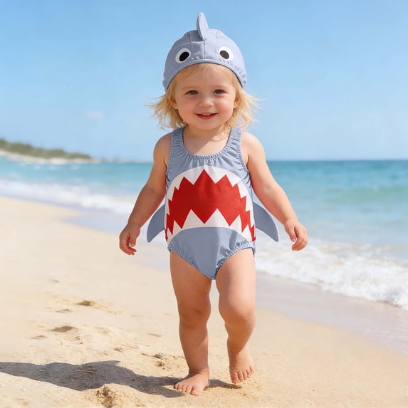 Baby Swimsuit Toddler Boys Girl's Cartoon Shark Print One Piece Swimsuits with Hat Toddler Girl Bathing Suit Grey 18-24 Months