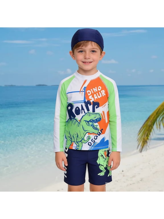 Baby Swimsuit Toddler Boys Long Sleeve Dinosaur Print Upf 50 Two Piece Set Boys Bathing Suit Green 10 Y-11 Y