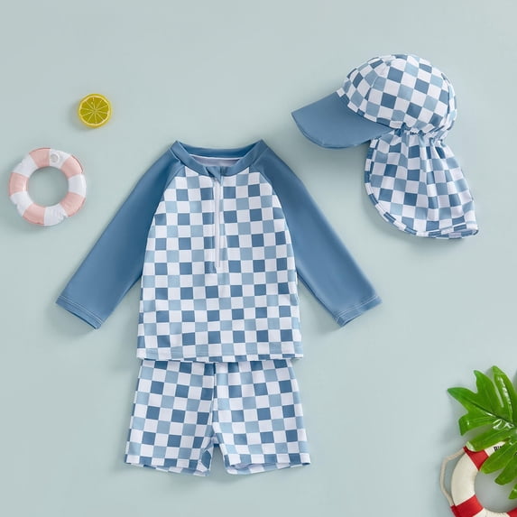 Baby Swimsuit Toddler Boys Long Sleeve Three Piece Rash Guard Set with Hat Bathing Suits for Girls Blue 3-4 Years
