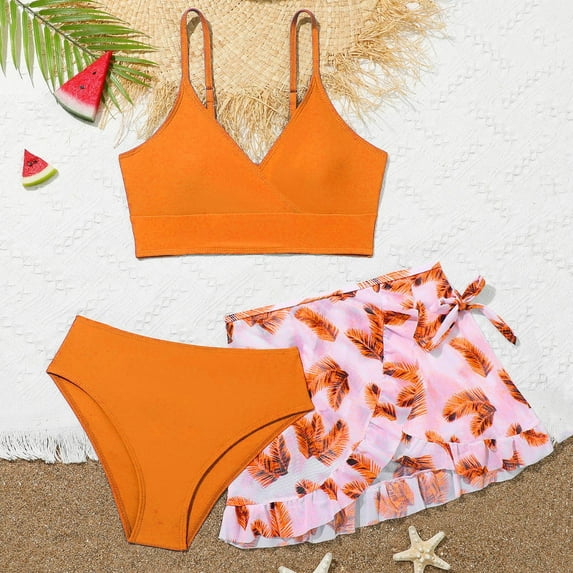 Baby Swimsuit Toddler Girl's Solid Color Ruffle Three Piece Bikini Set Girls' Swimwear Orange 9-10 Years