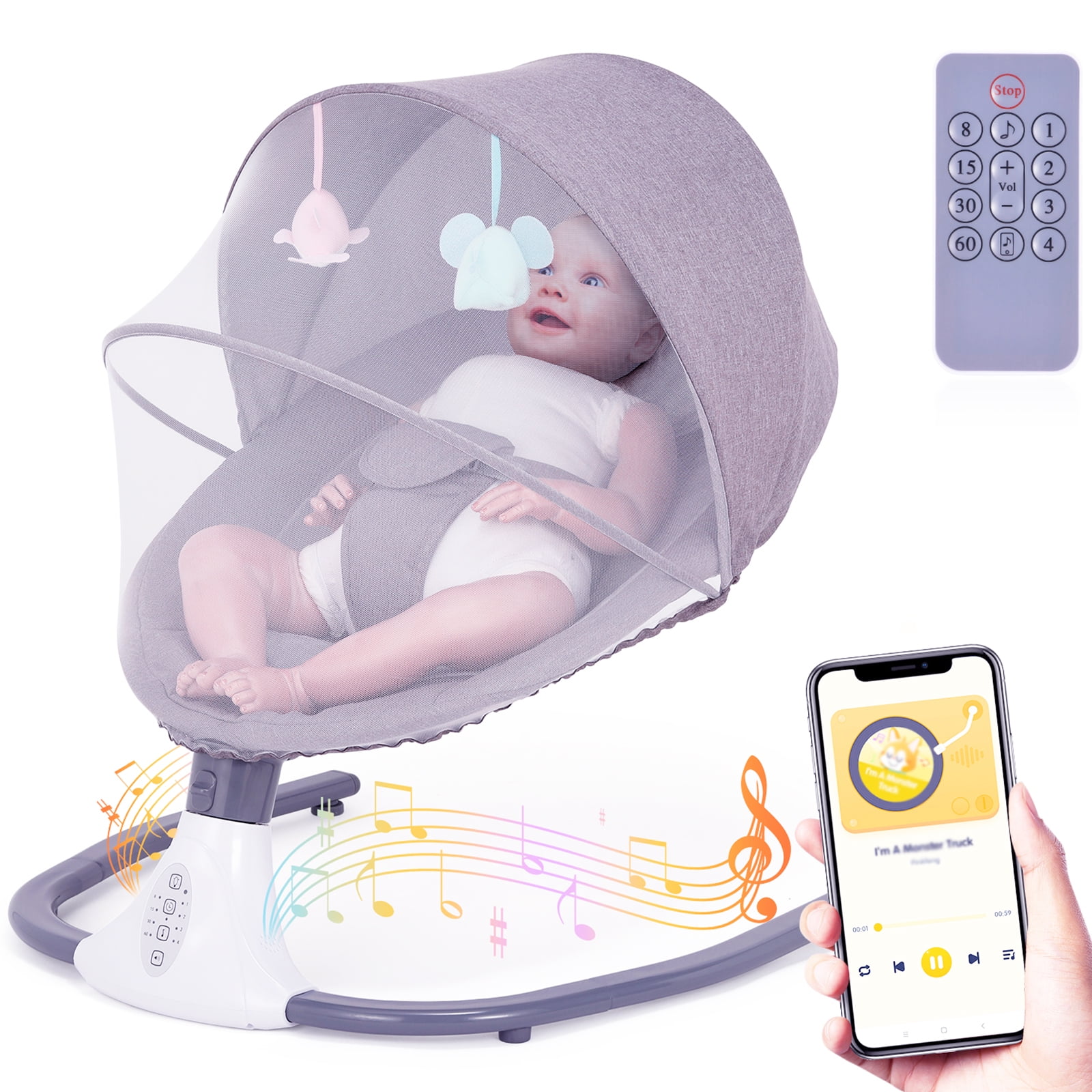 KISDREAM Baby Swing Chair Kids Swing and Bouncer - Electric Baby Bouncer Chair with Remote Control and Mosquito Net: 4 Speeds & 4 Timer & 12 Preset Lullabies Supports BT Connection USB Flash Drive