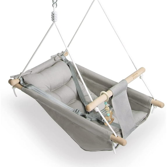 Baby Swing Indoor and Outdoor, Canvas Hammock Swing for Baby to Toddler with a Comfortable Seat, Macaroon Wooden Toy, Adjustable 5-Point Harness,3 Modes,Gift for Baby Boys Girls, Grey Gray