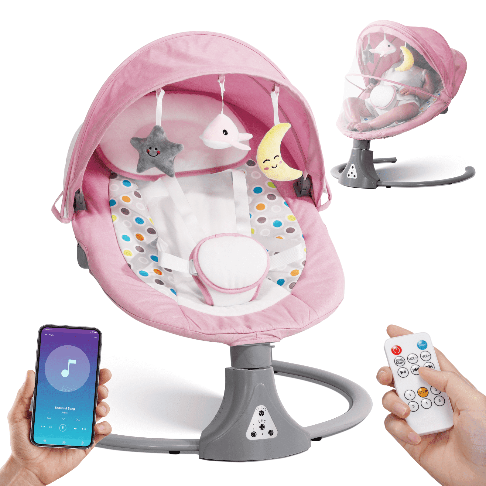 Baby Swing for Infants - Bluetooth APP Remote Bluetooth Control, Baby Swing Chair Cordless 5 Speed Settings, 12 Lullabies, 3 Timer, 3 Angle, Cordless, USB Plug (Pink)