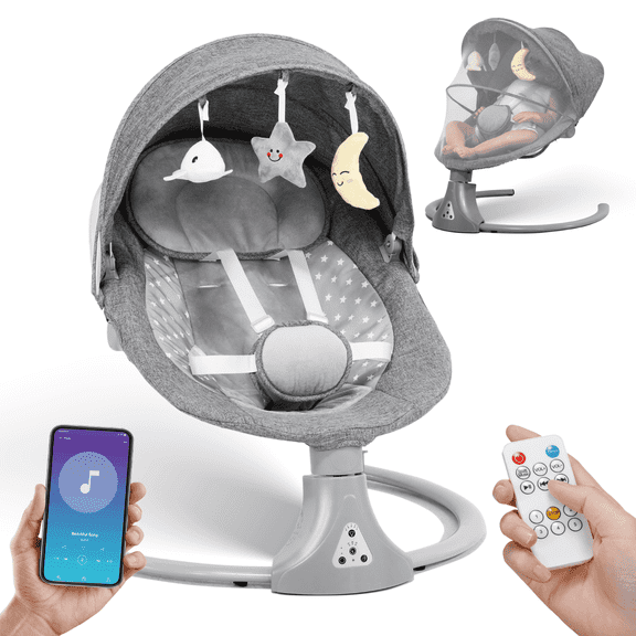 Kisdream Baby Swing for Infants: Electric Baby Swing Chair with Remote Control - Baby Rocking Chair Cordless 5 Levels 12 Lullaby 3 Timer 3 Angle Portable Baby Bouncer for Newborn - Gray