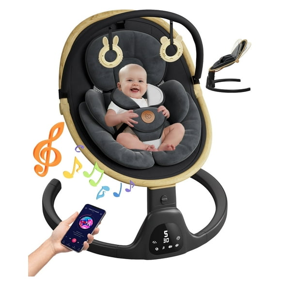 Baby Swing, Portable Bluetooth Infant Swing with Timer, 5 Speeds, 10 Lullabies, 5-Point Harness, Black