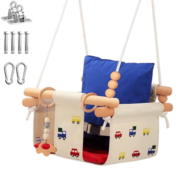 G TALECO GEAR Canvas Toddler Swing, Wooden Baby Swing Seat Chair with Safety Belt, Durable Hanging Swing Chair, Outdoor and Indoor Swing for Kids, Mounting Hardware Included, Car Embroidery Design
