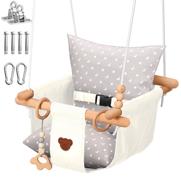 G TALECO GEAR Canvas Baby Swing, Wooden Hanging Swing Seat Chair with Safety Belt, Durable Baby Swing Chair, Outdoor and Indoor Swing for Kids, Mounting Hardware Included, White