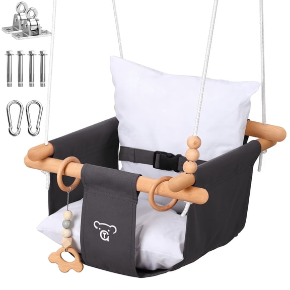 G TALECO GEAR Canvas Baby Swing, Wooden Hanging Swing Seat Chair with Safety Belt, Durable Baby Swing Chair, Outdoor and Indoor Swing for Kids, Mounting Hardware Included, Gray
