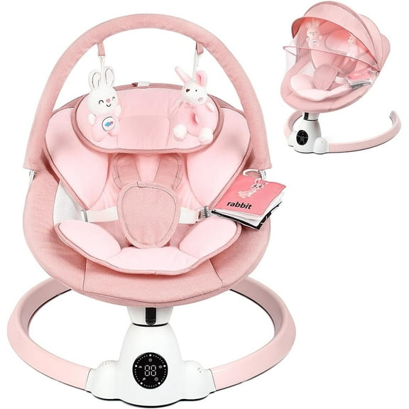 Baby Swing Rocker for Infants Toddler, 5 Swing Speed, 10 Lullabies, 5-Point Harness, Detachable Cushion & Canopy, Remote Control & Touch Panel, Pink